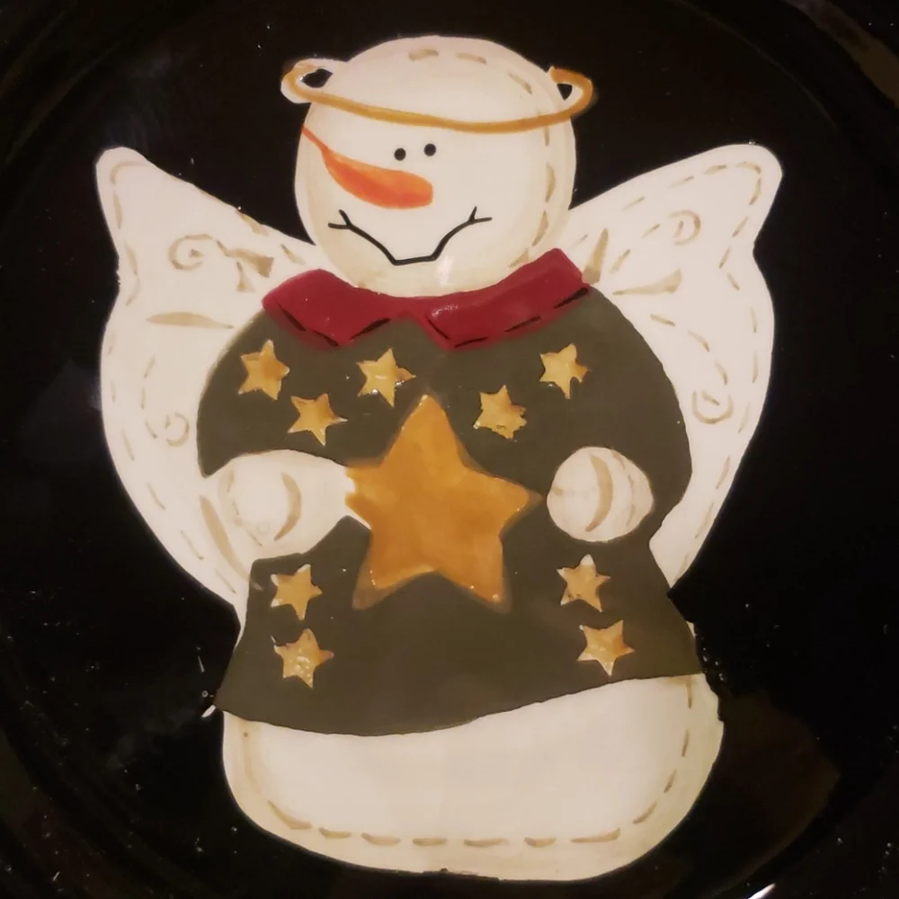Vtg Set Of 4 Black Salad Dessert Plates Sonoma Snowman Angels